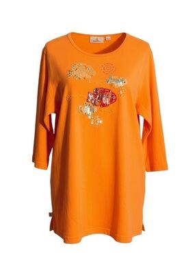 Quacker Factory Embellished Sequined Fish 3/4 Sleeve Top Size L
